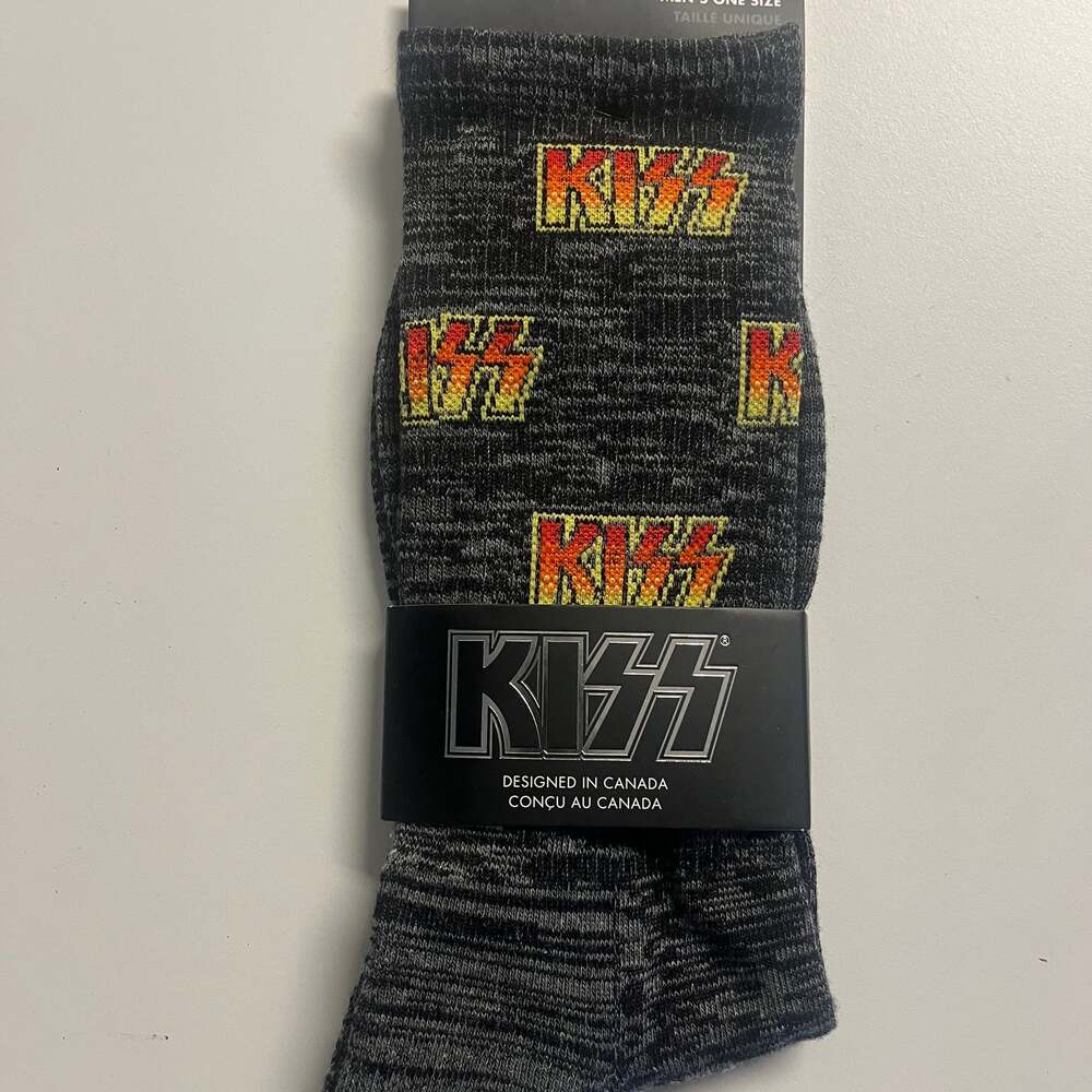 Perri's Licensed KISS "All Over Logo" Large Crew Socks in Charcoal